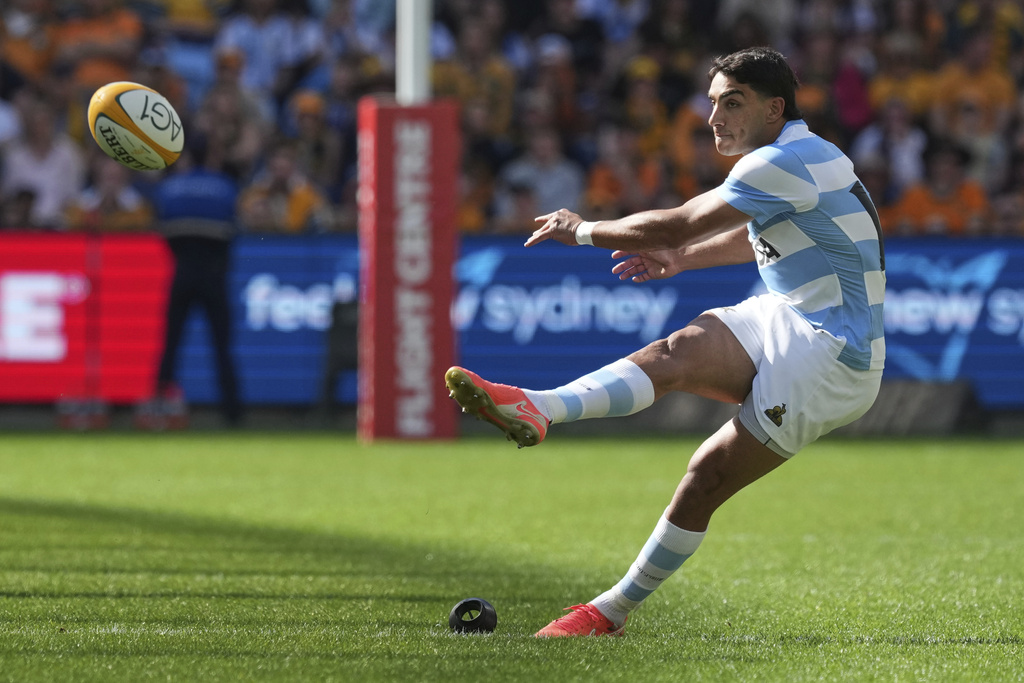 Argentina's Santiago Carreras kicks a penalty goal during the Rugby Championship test match between the Wallabies and the Pumas in Sydney, Australia, Saturday, Sept. 13, 2025. (AP Photo/Mark Baker)
