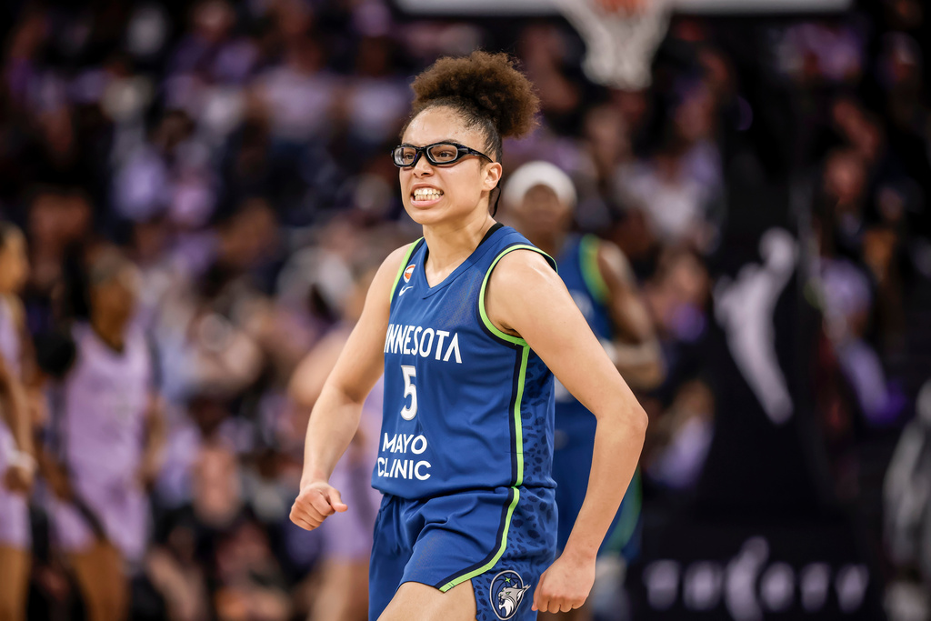 Olivia Miles (5) reacts after hitting a 3-point basket in the second half as the Golden State Valkyries played the Minnesota Lynx at Chase Center in San Francisco on Wednesday, Aug. 19, 2026. (Carlos Avila Gonzalez/San Francisco Chronicle via AP)