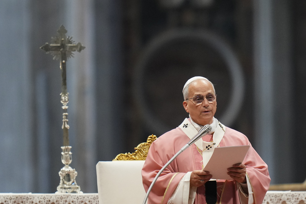 Pope Leo XIV delivers his speech as he celebrates a Mass on the occasion of the Jubilee of Prisoners in St. Peter's Basilica, at the Vatican, Sunday, Dec. 14, 2025. (AP Photo/Alessandra Tarantino)