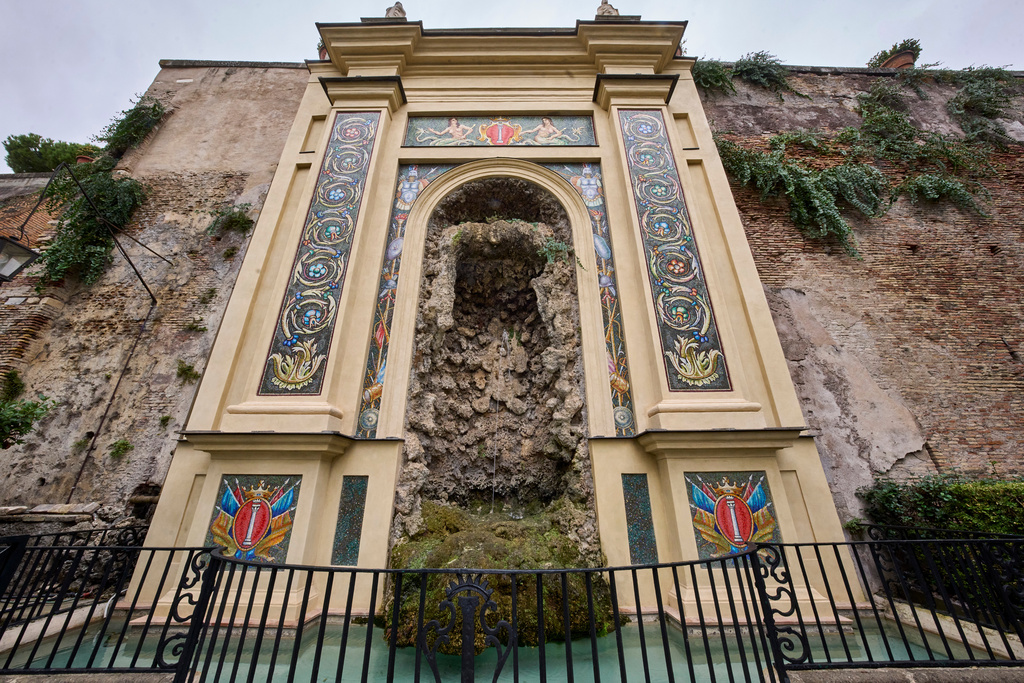 A view of part of the monumental fountain designed by architect Girolamo Rainaldi in the gardens of Palazzo Colonna, or the Colonna Palace, in Rome during a media tour, Friday, Nov. 7, 2025. (AP Photo/Domenico Stinellis)