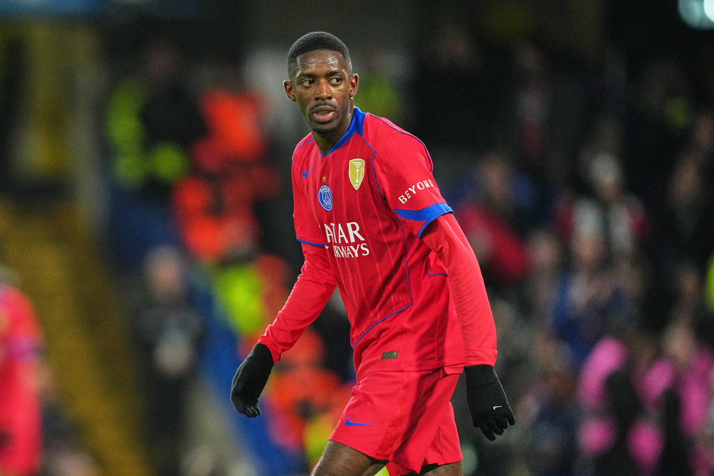 PSG's Ousmane Dembele during the Champions League soccer match between Chelsea and Paris Saint-Germain in London, England, Tuesday, March 17, 2026. (AP Photo/Kin Cheung)