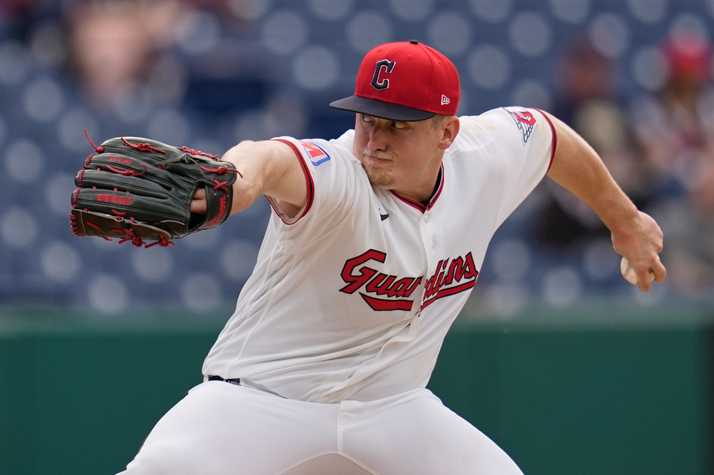 Cleveland Guardians' Parker Messick pitches in the first inning of a baseball game against the Tampa Bay Rays in Cleveland, Monday, April 27, 2026. (AP Photo/Sue Ogrocki)