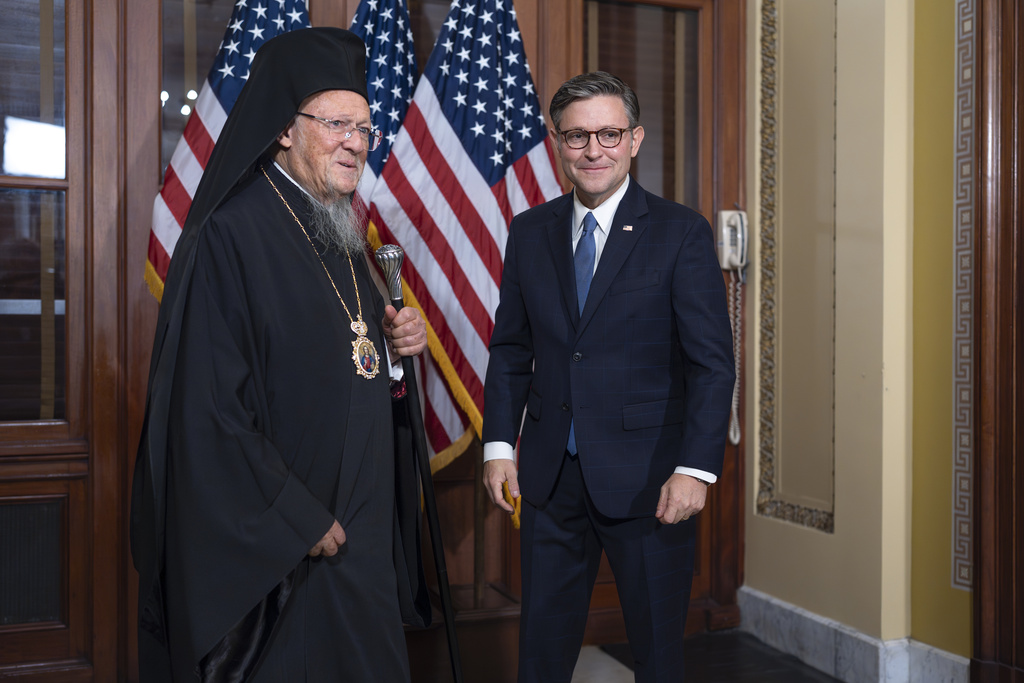 Speaker of the House Mike Johnson, R-La., right, welcomes the leader of the Orthodox Christian Church, Ecumenical Patriarch Bartholomew, left, for a meeting in the speaker's office at the Capitol in Washington, Wednesday, Sept. 17, 2025. (AP Photo/J. Scott Applewhite)