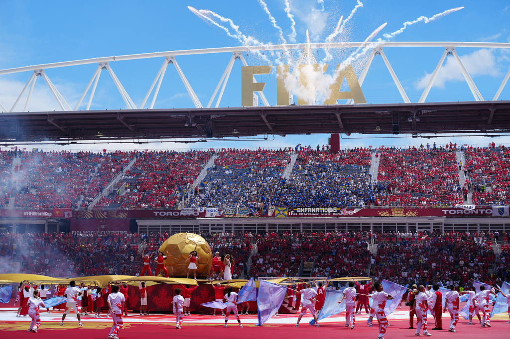 Dancers perform during the opening ceremony before the World Cup Group B soccer match between Canada and Bosnia, Friday, June 12, 2026, in Toronto. (Frank Gunn/The Canadian Press via AP)