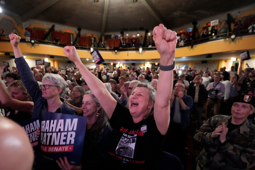 Supporters cheer for Graham Platner, Democratic candidate for U.S. Senate, at a campaign event Friday, June 5, 2026, in Bar Harbor, Maine. (AP Photo/Robert F. Bukaty)