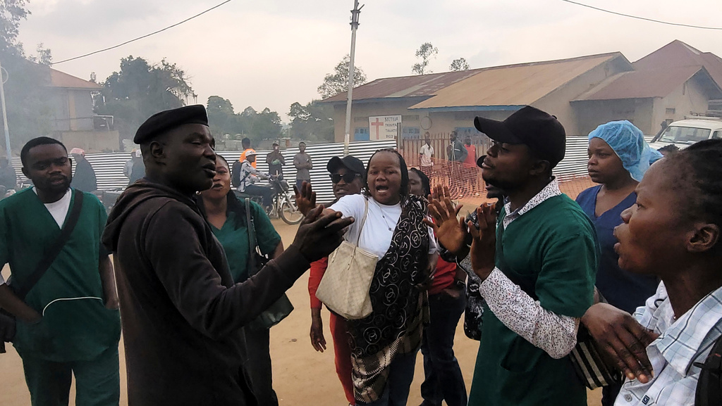 Health workers involved in Congo's Ebola response go on strike as they protest over payment issues in Bunia, Congo, Wednesday, July 15, 2026. (AP Photo/Constant Same Bagalwa)