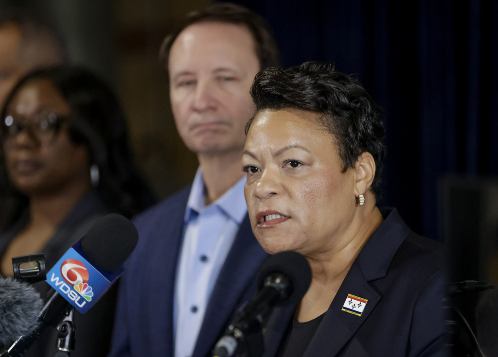 FILE - New Orleans Mayor LaToya Cantrell, right, speaks as Louisiana Gov. Jeff Landry listens during a news conference at the FBI Headquarters in New Orleans, Jan. 5, 2025. (Scott Threlkeld/The Times-Picayune/The New Orleans Advocate via AP, File)