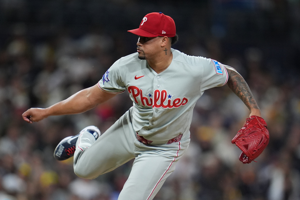 Philadelphia Phillies pitcher Jhoan Duran works against a San Diego Padres batter during the ninth inning of a baseball game Tuesday, May 26, 2026, in San Diego. (AP Photo/Gregory Bull)