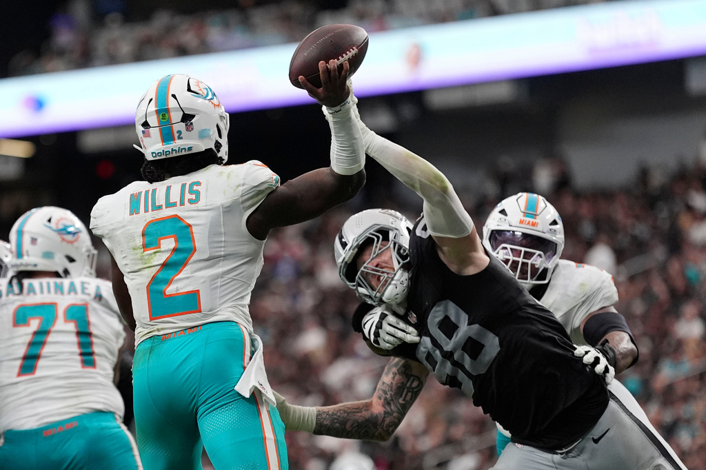 Las Vegas Raiders defensive end Maxx Crosby (98) pressure Miami Dolphins quarterback Malik Willis (2) during the second half of an NFL football game, Sunday, Sept. 13, 2026, in Las Vegas. (AP Photo/Ross D. Franklin)
