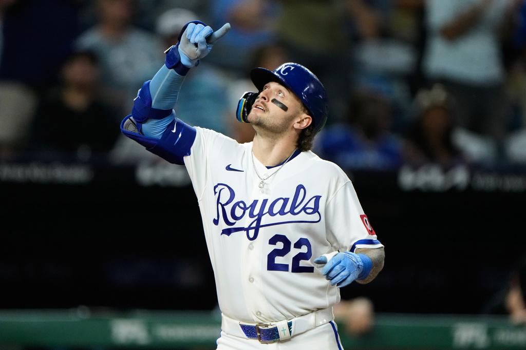 Kansas City Royals' Carter Jensen celebrates as he crosses the plate after hitting a two-run home run during the fifth inning of a baseball game against the Kansas City Royals, Thursday, Sept. 3, 2026, in Kansas City, Mo. (AP Photo/Charlie Riedel)