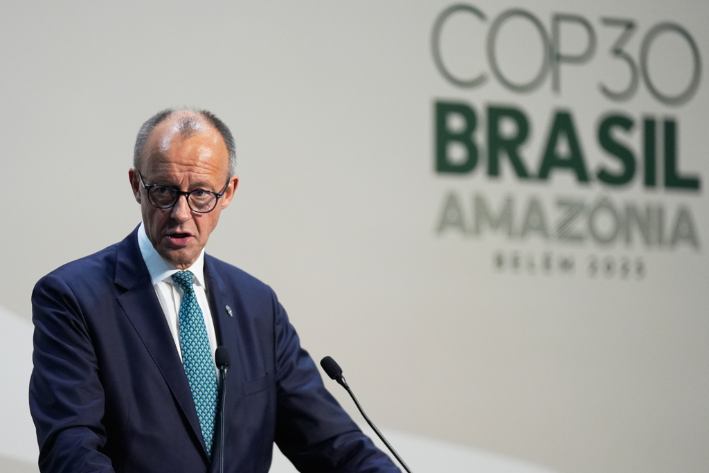 Germany Chancellor Friedrich Merz speaks during a press conference at the COP30 U.N. Climate Summit in Belem, Brazil, Friday, Nov. 7, 2025. (AP Photo/Fernando Llano)