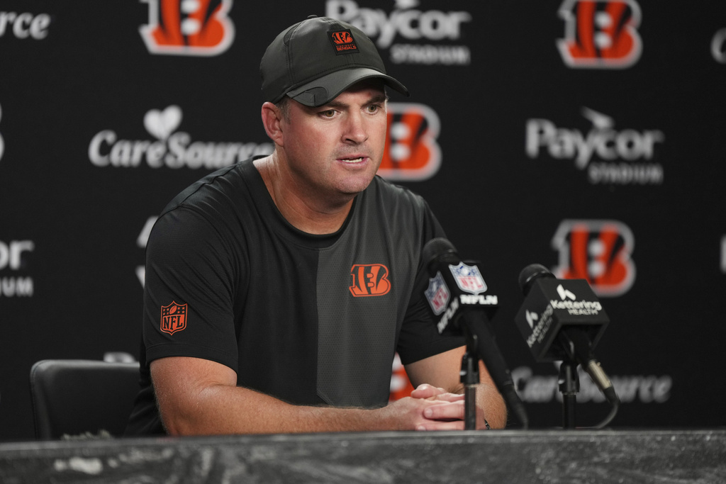 Cincinnati Bengals head coach Zac Taylor answers questions after an NFL football game against the Jacksonville Jaguars, Sunday, Sept. 14, 2025, in Cincinnati. (AP Photo/Jeff Dean)