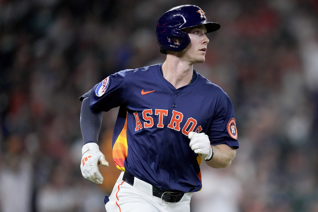 Houston Astros' Zachary Cole rounds the bases after hitting a solo home run against the Seattle Mariners during the third inning of a baseball game Sunday, Sept. 21, 2025, in Houston. (AP Photo/Eric Christian Smith)