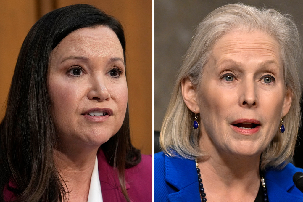 FILE - This photo combo shows from left, Republican Sen. Ashley Moody of Florida and Democratic Sen. Kirsten Gillibrand of New York in Washington. (AP Photo/File)