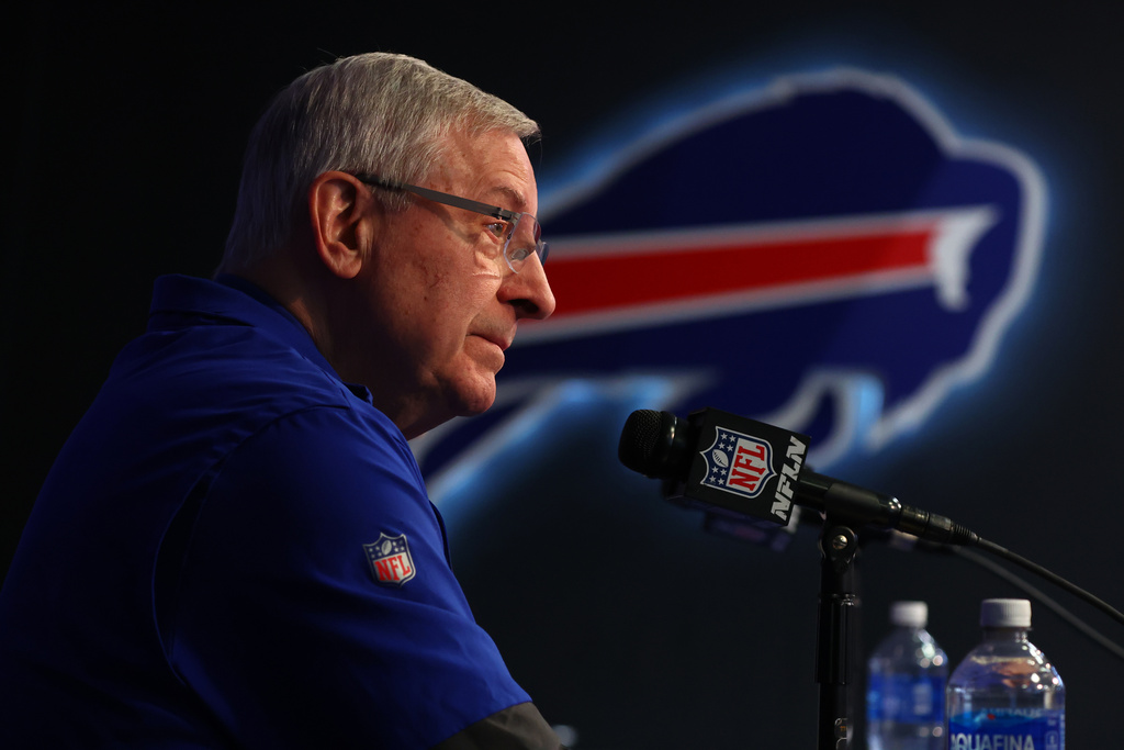 Buffalo Bills owner Terry Pegula speaks at a NFL football news conference in Orchard Park, N.Y., Wednesday, Jan 21, 2024. (AP Photo/Jeffrey T. Barnes)