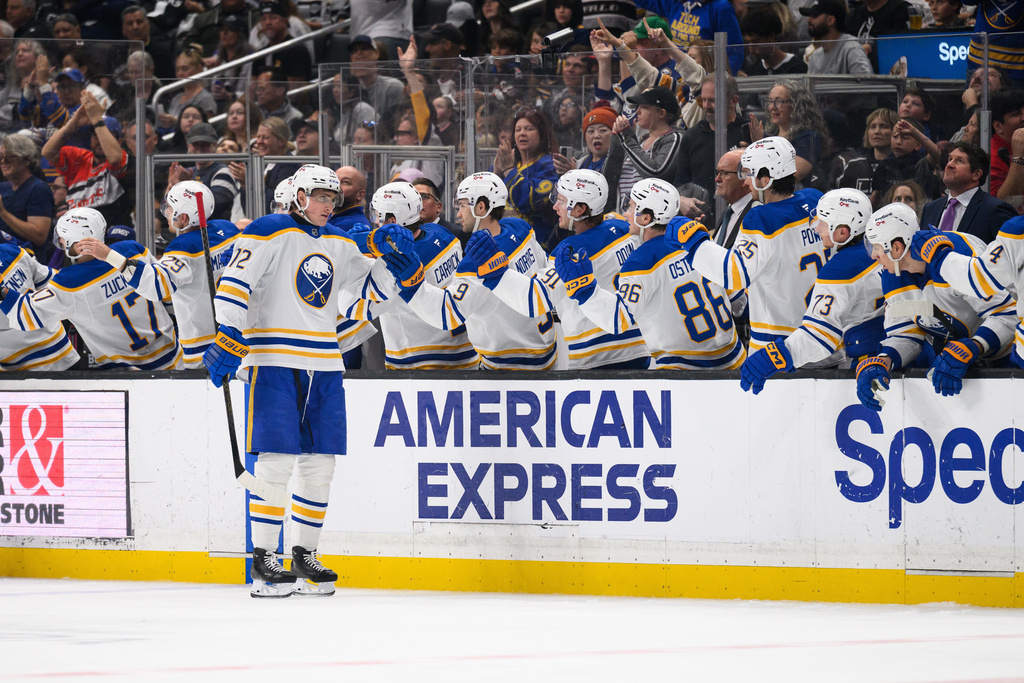 Buffalo Sabres center Tage Thompson (72) greets teammates after scoring during the second period of an NHL hockey game against the Los Angeles Kings, Saturday, March 21, 2026, in Los Angeles. (AP Photo/William Liang)