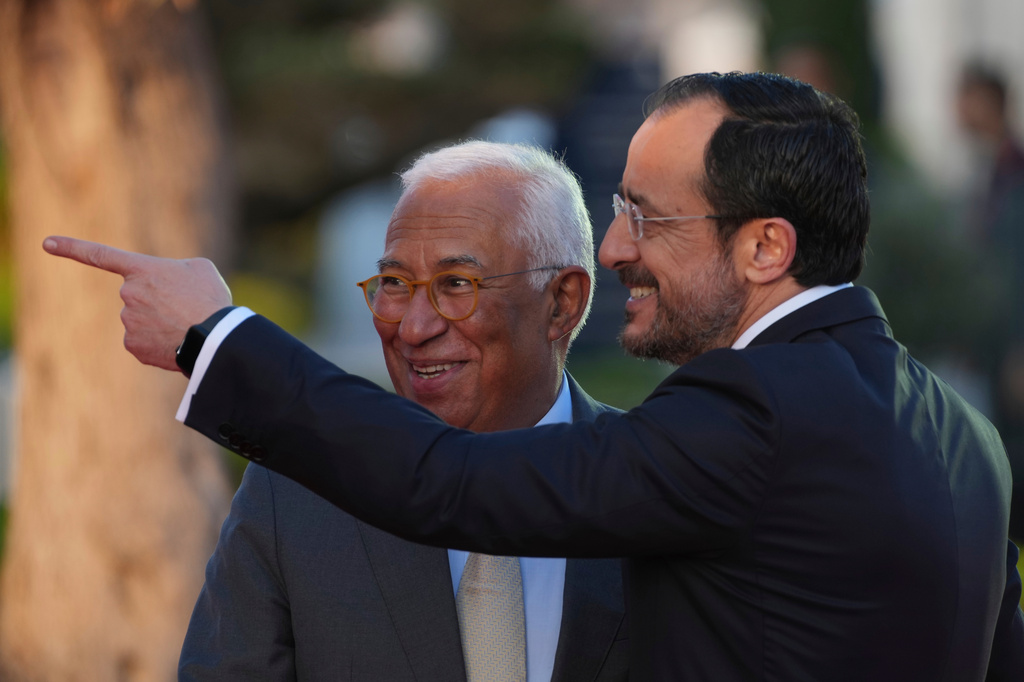 European Council President Antonio Costa, background, is welcomed by Cypriot President Nikos Christodoulides ahead of the EU Summit in Ayia Napa, Cyprus, Thursday, April 23, 2026. (AP Photo/Petros Karadjias)