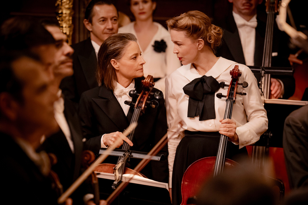 This image released by Sony Pictures Classics shows Jodie Foster, left, and Virginie Efira in a scene from "A Private Life." (Jérôme Prébois/Sony Pictures Classics via AP)