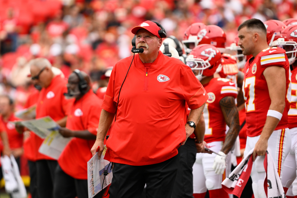 Kansas City Chiefs head coach Andy Reid watches during the first half of an NFL preseason football game against the Los Angeles Rams, Saturday, Aug. 15, 2026, in Kansas City, MO. (AP Photo/Reed Hoffmann)