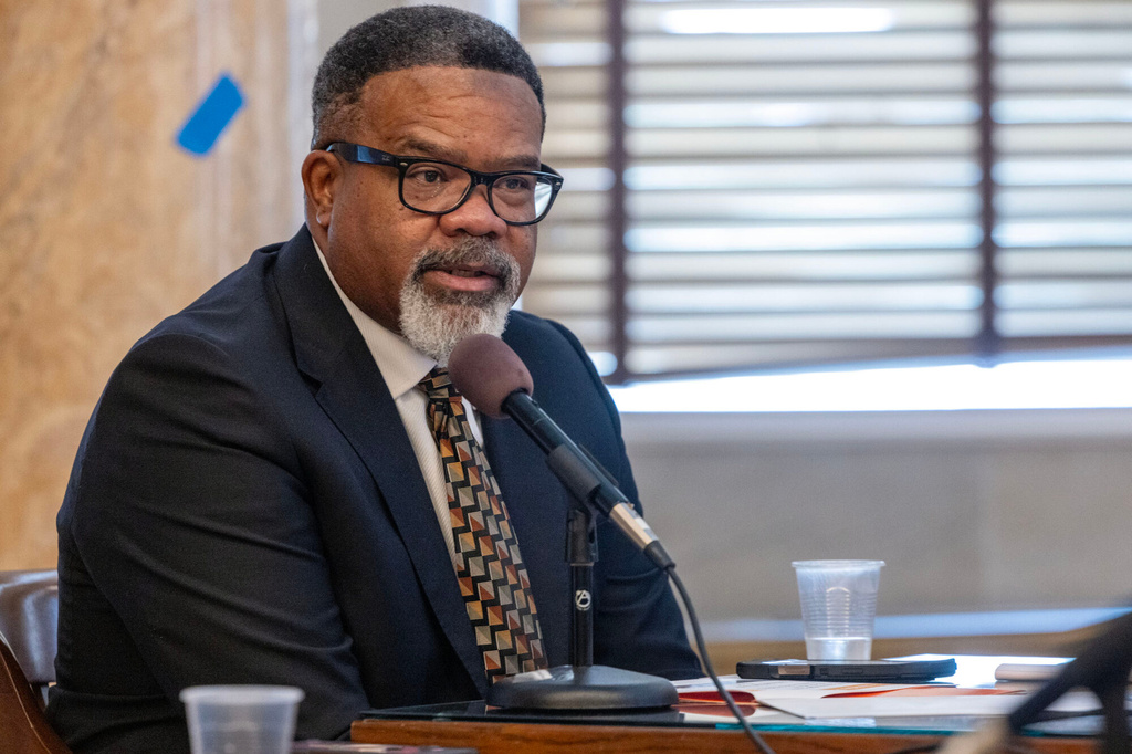 Will Russell, superintendent of Leake County School District, speaks during a meeting of the House Select Committee on Consolidation at the Capitol in Jackson, Miss., Thursday, Aug. 6, 2026. (Eric Shelton/Mississippi Today via AP)