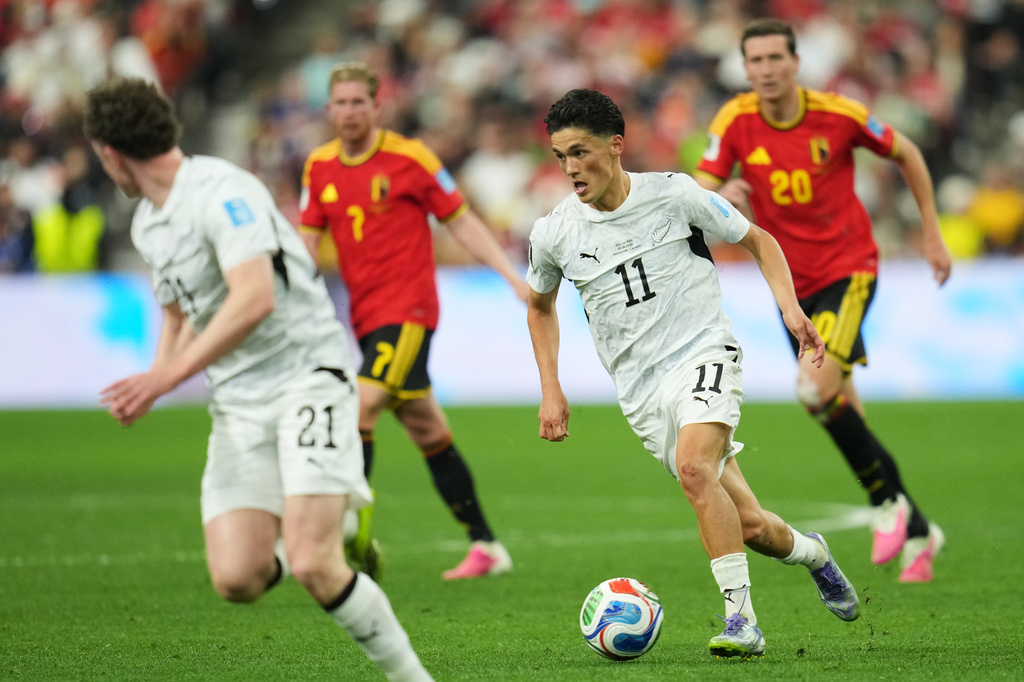 New Zealand's Elijah Just (11) makes a run during the World Cup Group G soccer match between New Zealand and Belgium in Vancouver, British Columbia, Friday, June 26, 2026. (AP Photo/Abbie Parr)