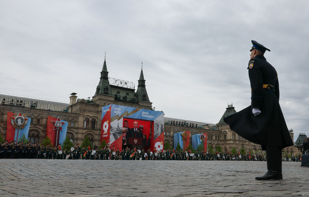 Russian President Vladimir Putin is seen on a screen while delivering a speech during the Victory Day military parade in Moscow, Saturday, May 9, 2026, during celebrations of the 81st anniversary of the Soviet Union's victory over Nazi Germany during the World War II. (Shamil Zhumatov/Pool Photo via AP)