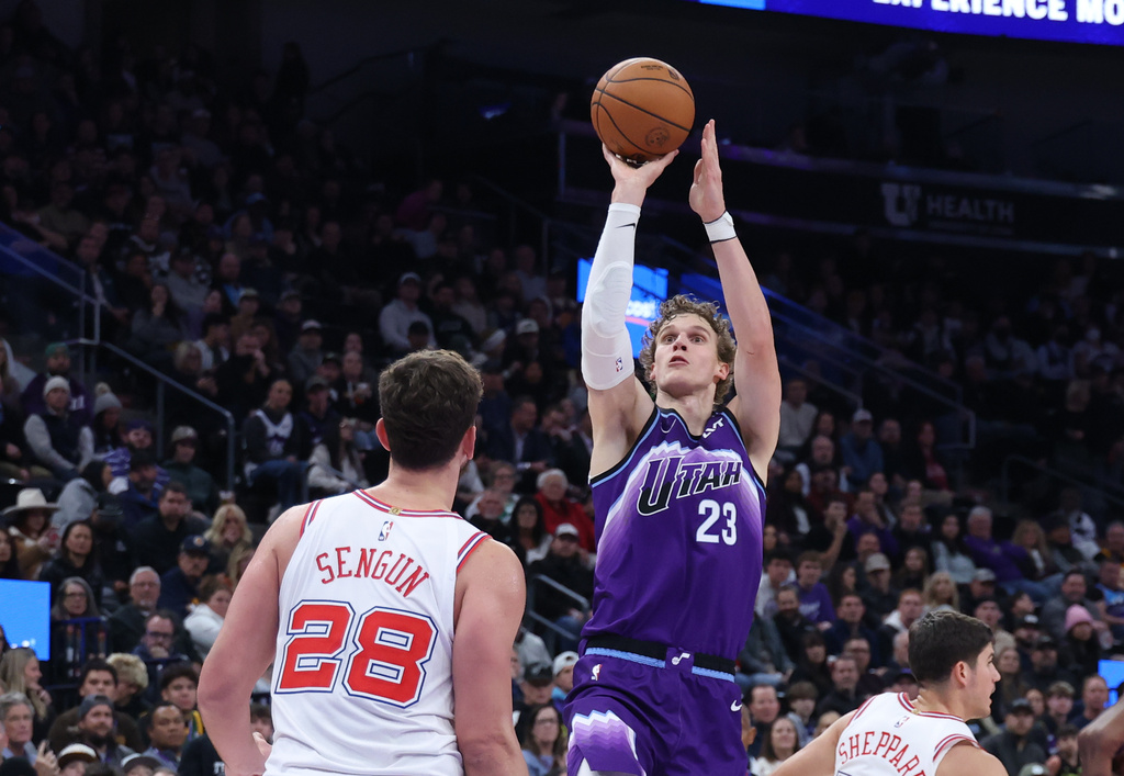 Utah Jazz forward Lauri Markkanen (23) looks to shoot against the Houston Rockets during the first half of an NBA basketball game Monday, Dec. 1, 2025, in Salt Lake City. (AP Photo/Rob Gray)