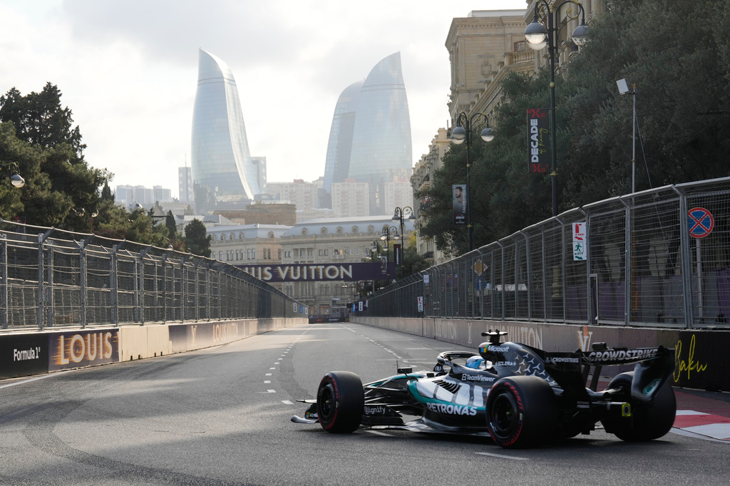 Mercedes driver George Russell of Britain steers his car during the qualifying session for the Azerbaijan F1 Grand Prix, in Baku, Azerbaijan, Friday, Sept. 25, 2026. (AP Photo/Darko Bandic)