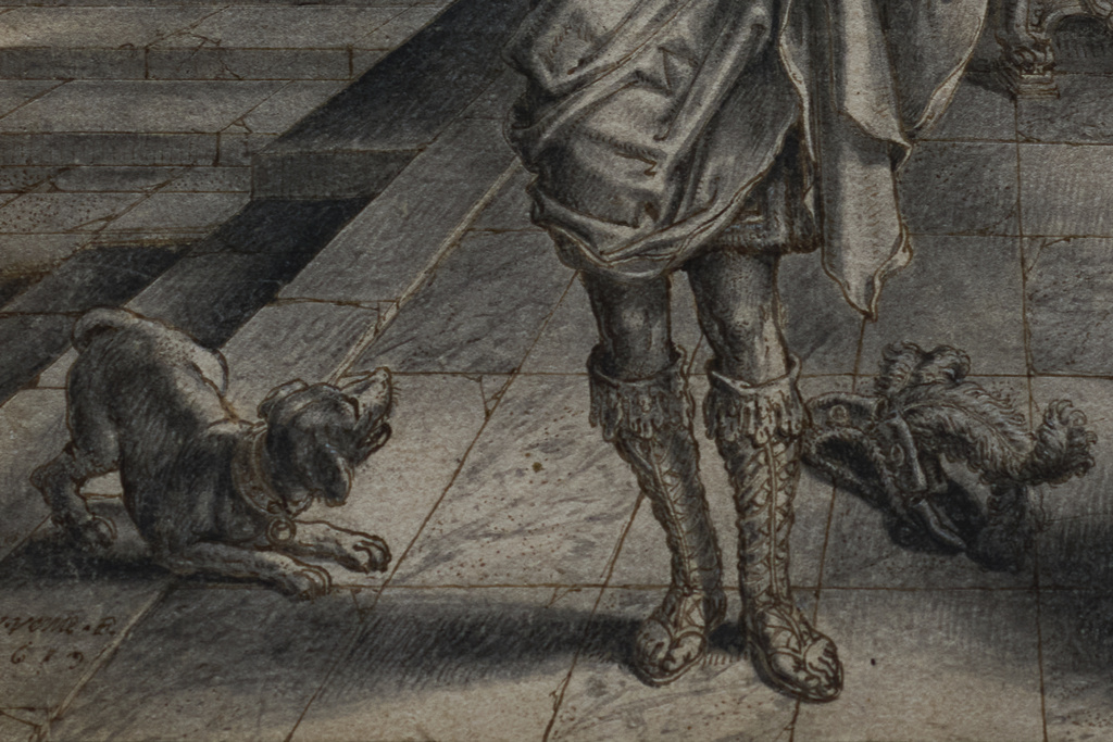Detail of the 17th century drawing by Dutch artist Adriaen van de Venne which inspired Rembrandt when painting a dog in the Night Watch, is shown on an easel at the Rijksmuseum in Amsterdam, Netherlands, Tuesday, Sept. 23, 2025. (AP Photo/Peter Dejong)