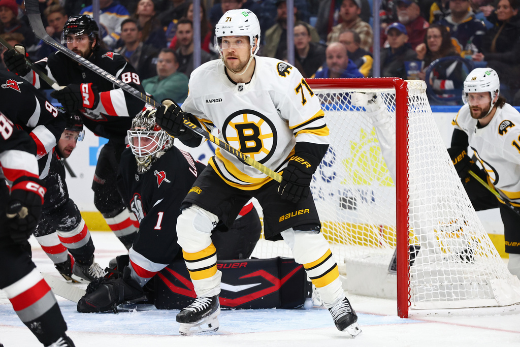 Boston Bruins left wing Viktor Arvidsson (71) skates in front of Buffalo Sabres goaltender Ukko-Pekka Luukkonen (1) during the second period of an NHL hockey game Saturday, Dec. 27, 2025, in Buffalo, N.Y. (AP Photo/Jeffrey T. Barnes)