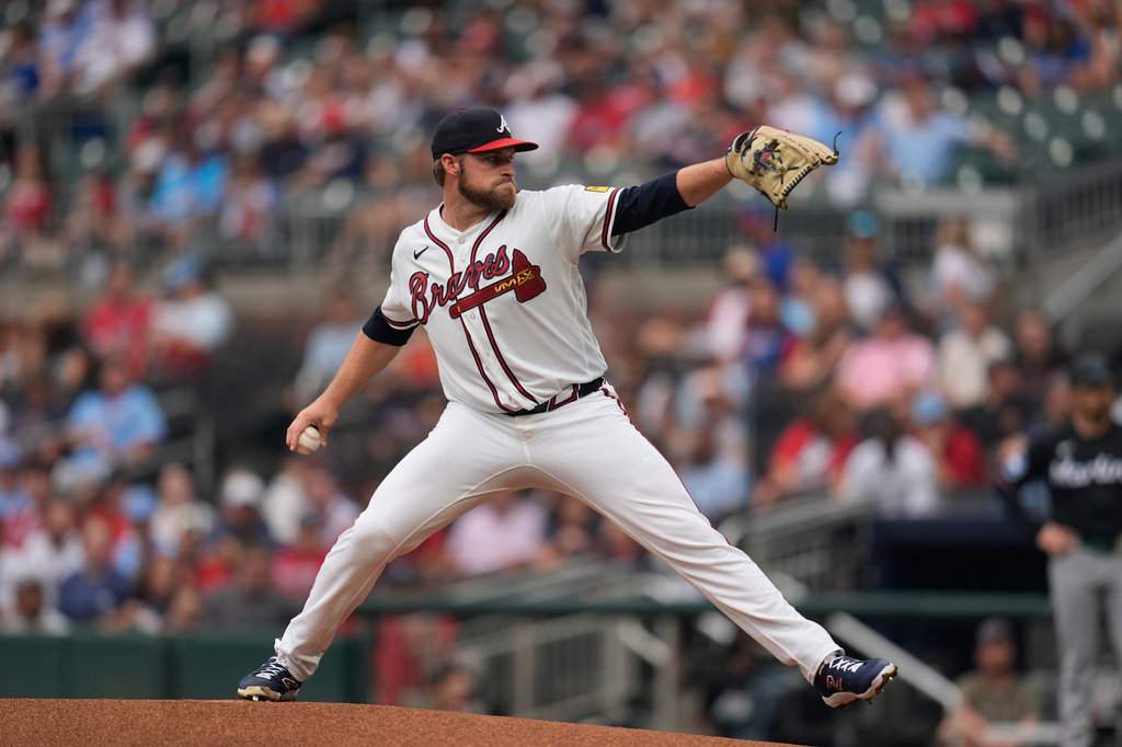 Atlanta Braves pitcher Bryce Elder (55) works in the first inning of a baseball game against the Miami Marlins, Wednesday, Aug. 5, 2026, in Atlanta. (AP Photo/Mike Stewart)
