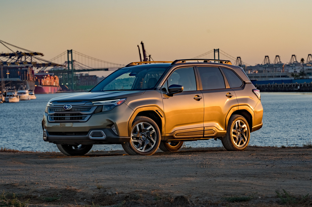 This photo provided by Edmunds shows the 2026 Forester Hybrid. The hybrid version of Subaru's small SUV gets an EPA-estimated 35 mpg combined. (Courtesy of Edmunds via AP)