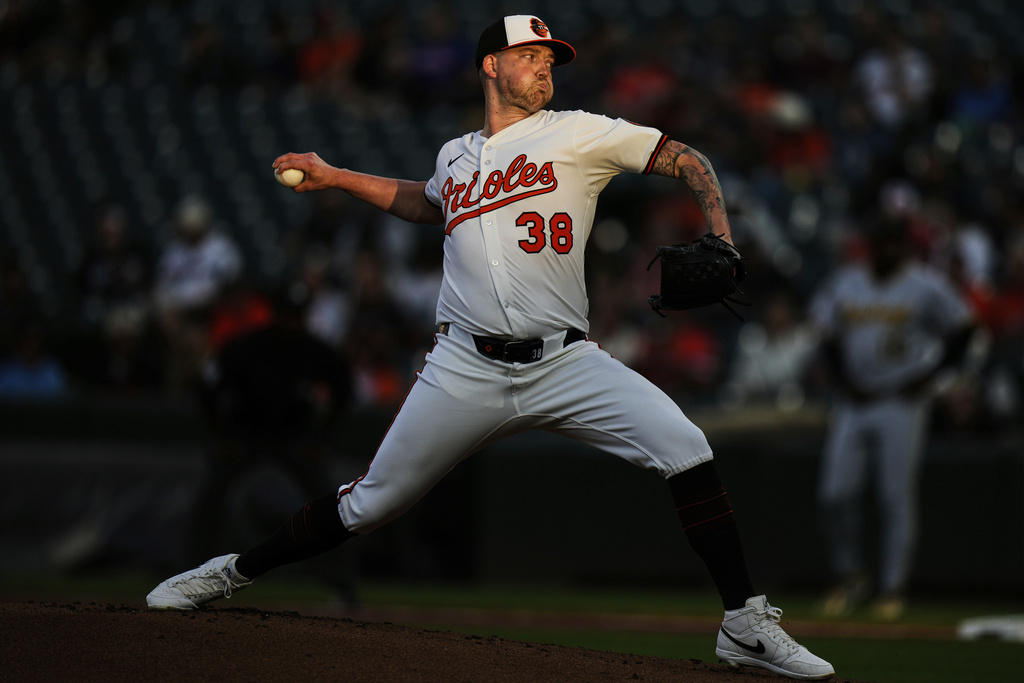 Baltimore Orioles starting pitcher Kyle Bradish (38) delivers during the first inning of a baseball game against the Pittsburgh Pirates, Tuesday, Sept. 9, 2025, in Baltimore. (AP Photo/Stephanie Scarbrough)