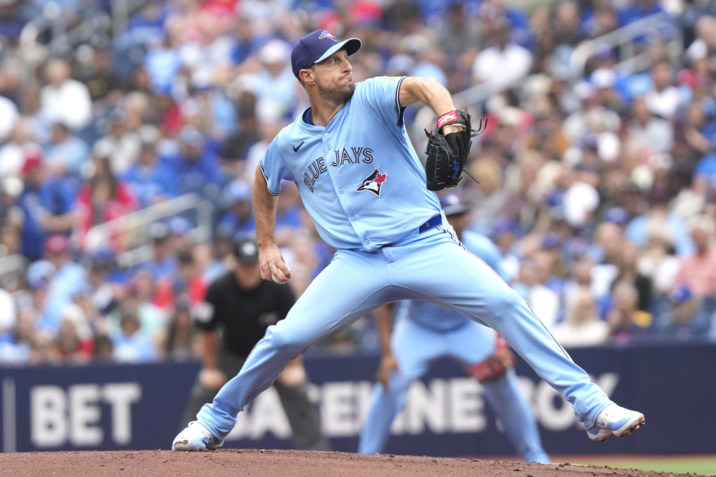 Toronto Blue Jays pitcher Max Scherzer (31) works against Baltimore Orioles during the first inning of a baseball game, Saturday, Sept. 13, 2025, in Toronto. (Chris Young/The Canadian Press via AP)