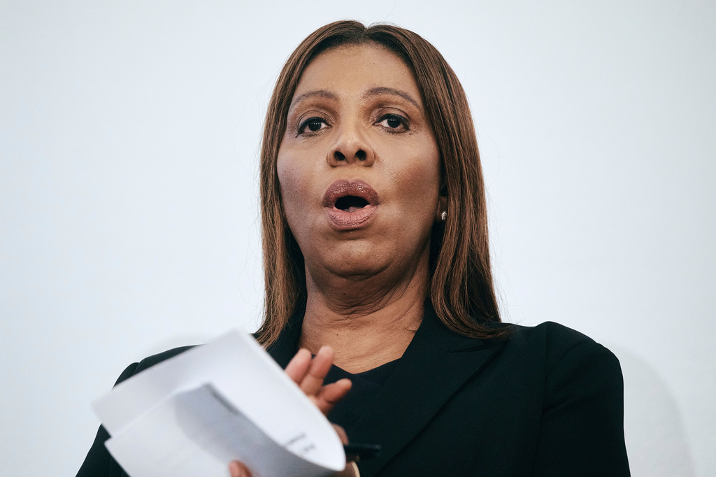 FILE - Attorney General of New York Letitia James reacts during a Rental Ripoff Hearing at Fordham University on Wednesday, March 11, 2026, in New York. (AP Photo/Andres Kudacki, file)