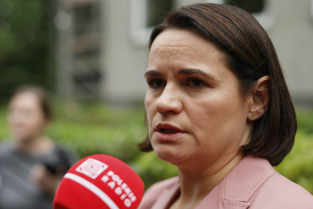 Belarusian opposition leader Sviatlana Tsikhanouskaya speaks to journalists near the U.S. Embassy in Vilnius, Lithuania, Thursday, Sept. 11, 2025, ahead of the arrival of released prisoners from Belarus. (AP Photo/Mindaugas Kulbis)