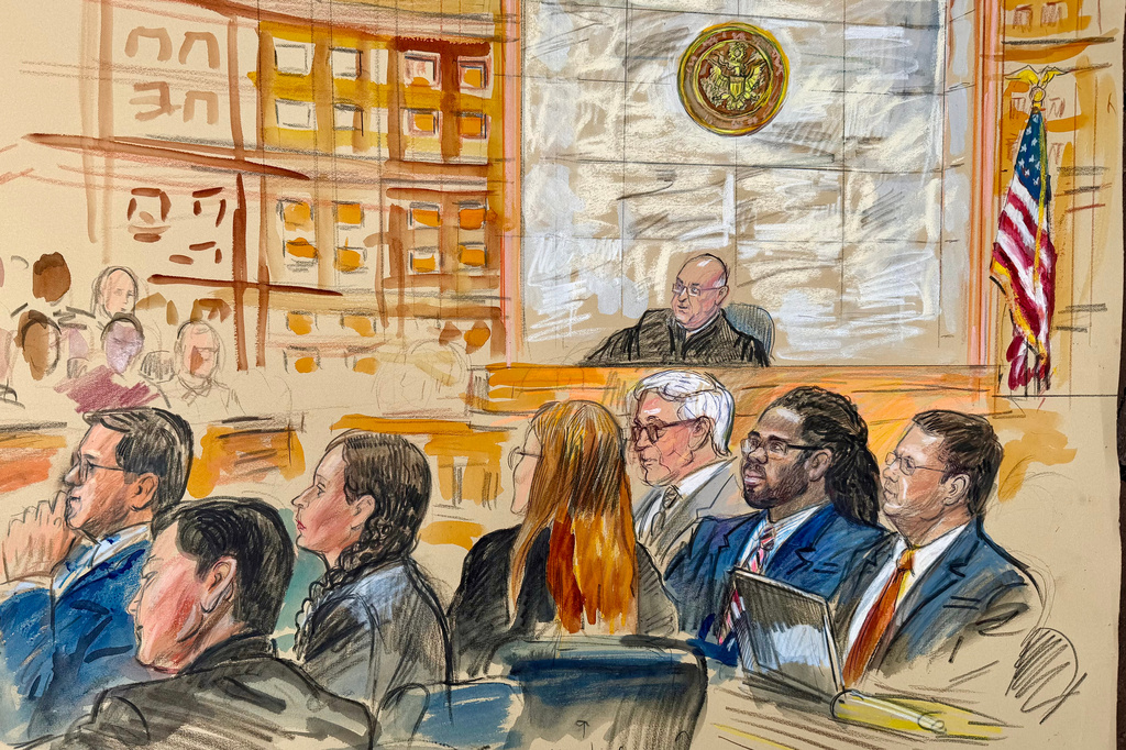 This courtroom sketch depicts Trayon White, Sr., second from right, with defense attorneys Bruce Serby, right, and Warren Kohlman, third from right, before U.S. District Judge Rudolph Contrera, Friday, Sept. 11, 2026, at Federal Court in Washington. (Dana Verkouteren via AP)