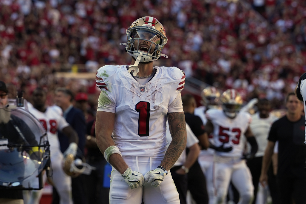 San Francisco 49ers wide receiver Ricky Pearsall celebrates a catch during the second half of an NFL football game against the Arizona Cardinals, Sunday, Sept. 21, 2025, in Santa Clara, Calif. (AP Photo/Godofredo A. Vásquez)
