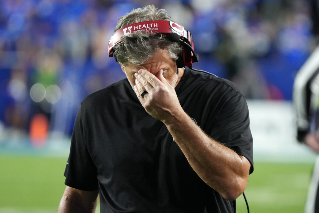 Utah head coach Kyle Whittingham reacts to a turnover during the first half of an NCAA college football game against BYU, Saturday, Oct. 18, 2025, in Provo, Utah. (AP Photo/George Frey)