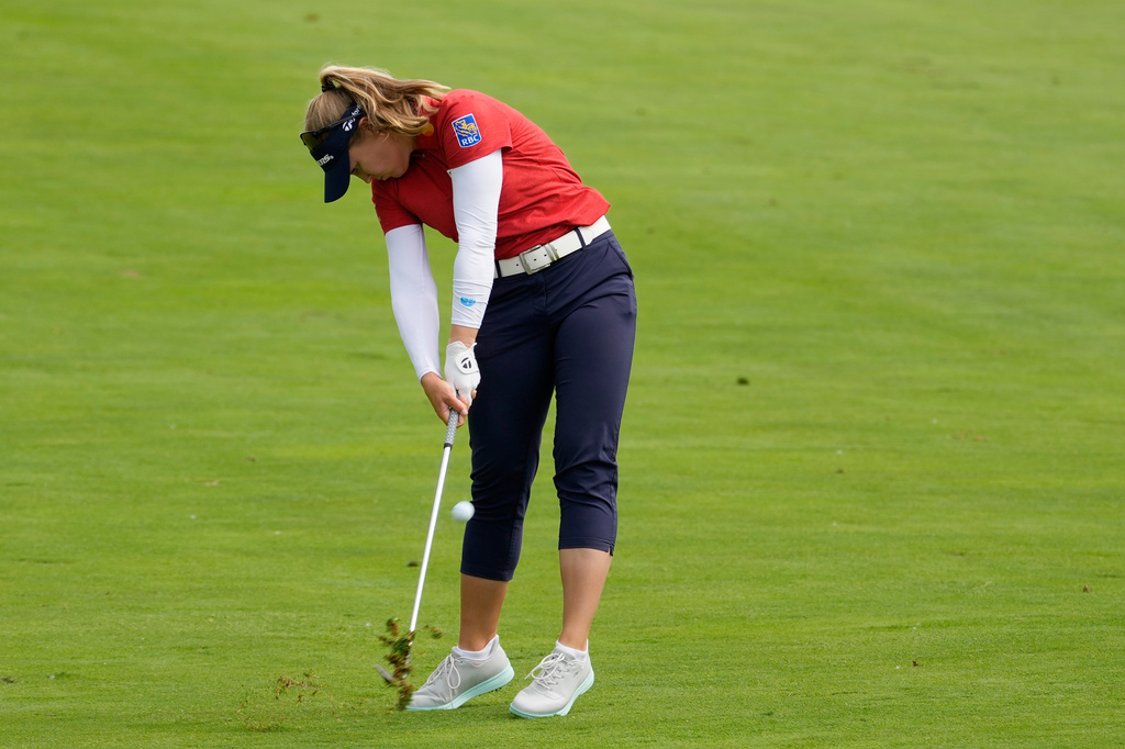 Brooke Henderson, of Canada, hits from the 18th fairway during the second round of the Women's PGA Championship golf tournament, Friday, June 26, 2026, in Chaska, Minn. (AP Photo/Chris Carlson)