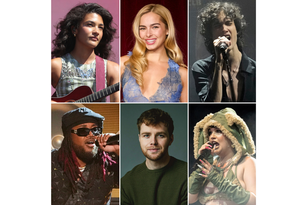 This combination of photos show Grammy nominees for best new artist, top row from left, Olivia Dean; Addison Rae; sombr, ottom row from left, Leon Thomas; Alex Warren; and Lola Young. (AP Photo)