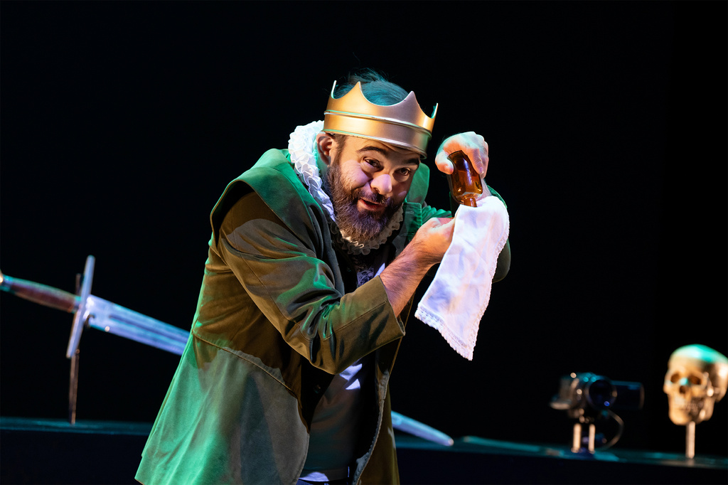 Peruvian actor Octavio Bernaza appears during a performance of "Teatro La Plaza’s Hamlet" at the Theatre for a New Audience at Polonsky Shakespeare Center in New York. (Julieta Cervantes via AP)