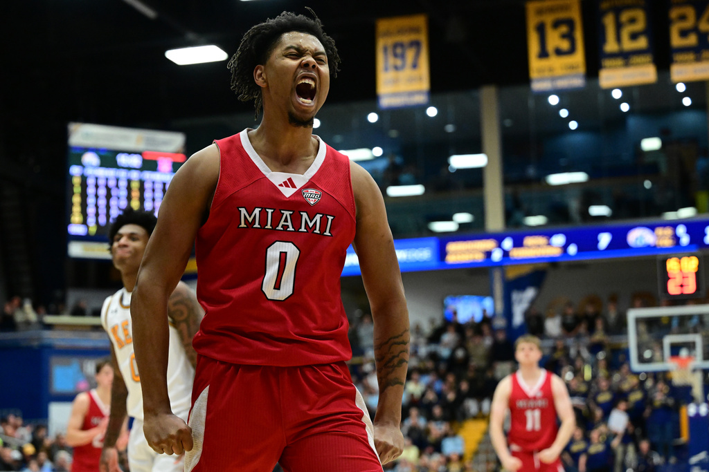 Miami forward Eian Elmer celebrates after being fouled and making a basket during the first half of an NCAA college basketball game against Kent State, Tuesday, Jan. 20, 2026, in Kent, Ohio. (AP Photo/David Dermer)