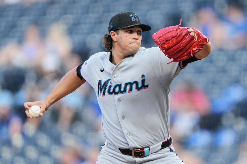 Miami Marlins starting pitcher Tyler Phillips throws during the first inning of a baseball game against the Kansas City Royals, Tuesday, Sept. 1, 2026, in Kansas City, Mo. (AP Photo/Charlie Riedel)