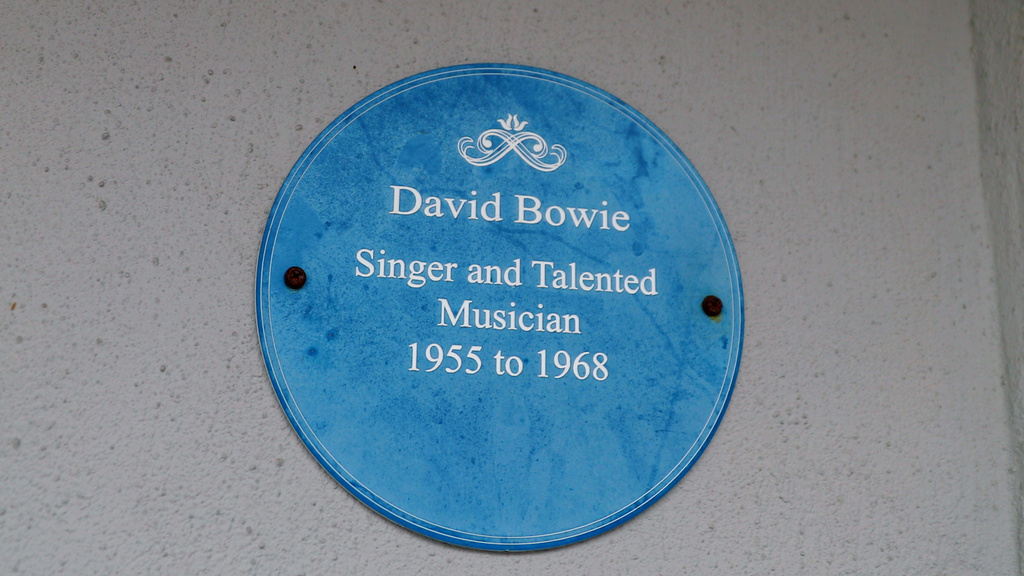 In this undated photo provided by the Heritage of London Trust, on Friday, Jan. 9, 2026, a view of the blue plaque outside the childhood home of musician David Bowie, in Bromley, England. (Heritage of London Trust via AP)