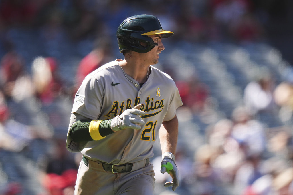 Athletics' Tyler Soderstrom (21) watches the flight of his home run during the seventh inning of a baseball game against the Los Angeles Angels Sunday, Sept. 7, 2025, in Anaheim, Calif. (AP Photo/Jae C. Hong)
