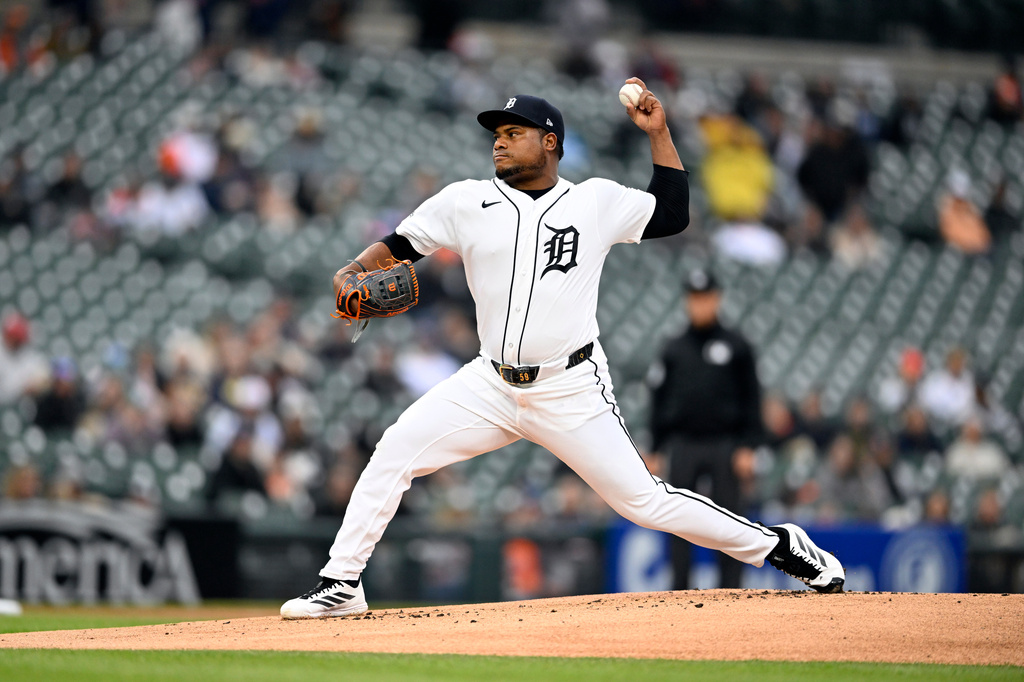 Detroit Tigers starting pitcher Framber Valdez throws during the first inning of a baseball game against the Boston Red Sox, Tuesday, May 5, 2026, in Detroit. (AP Photo/Jose Juarez)