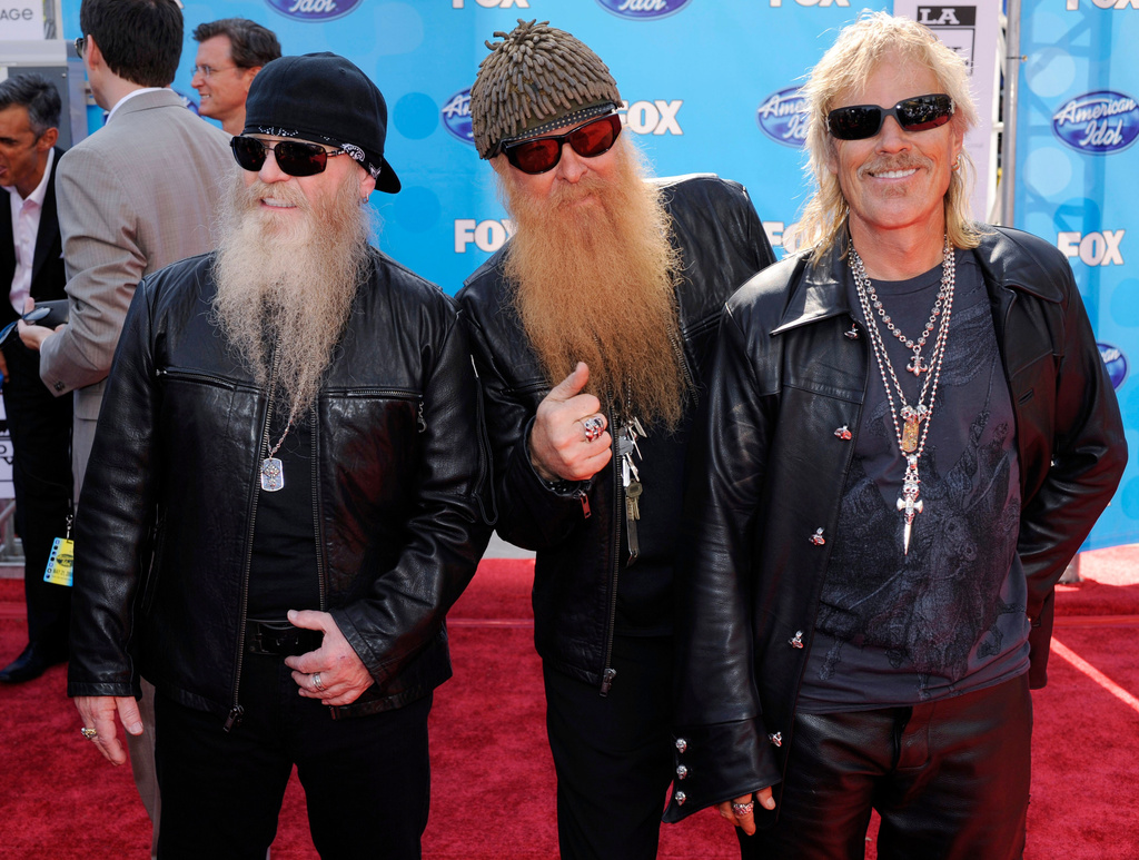 FILE - Dusty Hill, from left, Billy Gibbons and Frank Beard of ZZ Top appear at the "American Idol" finale in Los Angeles on May 21, 2008. (AP Photo/Chris Pizzello, File)