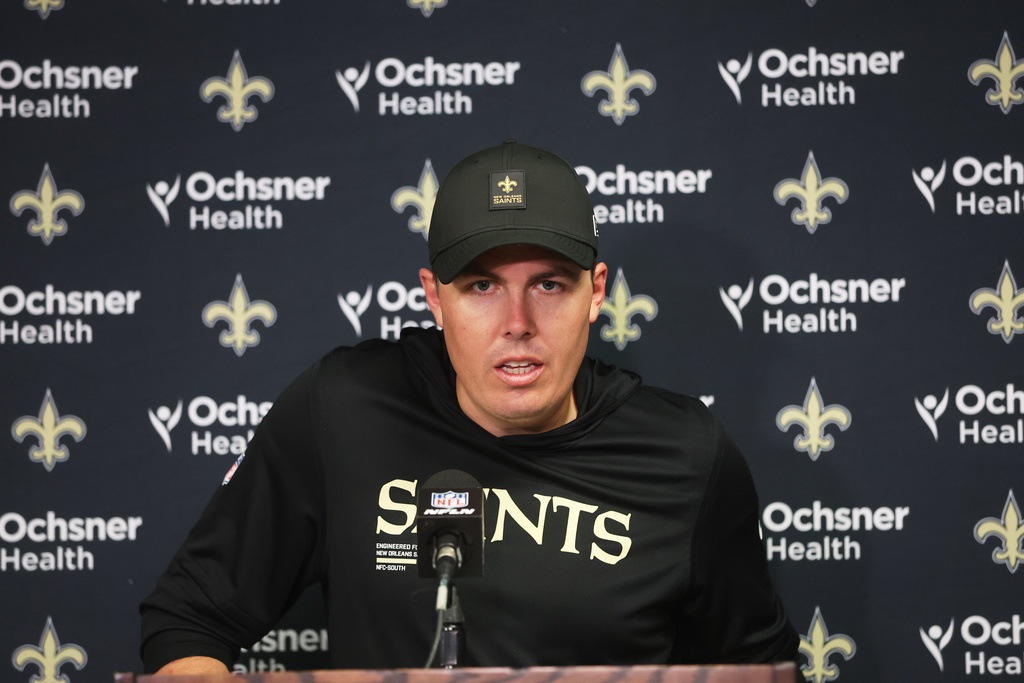 New Orleans Saints head coach Kellen Moore talks to reporters after an NFL football game against the Buffalo Bills, Sunday, Sept. 28, 2025, in Orchard Park, N.Y. (AP Photo/Jeffrey T. Barnes)