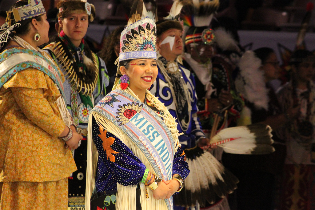 Miss Indian World Dania Wahwasuck is introduced to the crowd during the last Gathering of Nations powwow in Albuquerque, New Mexico, on Friday, April 24, 2026. (AP Photo/Susan Montoya Bryan)